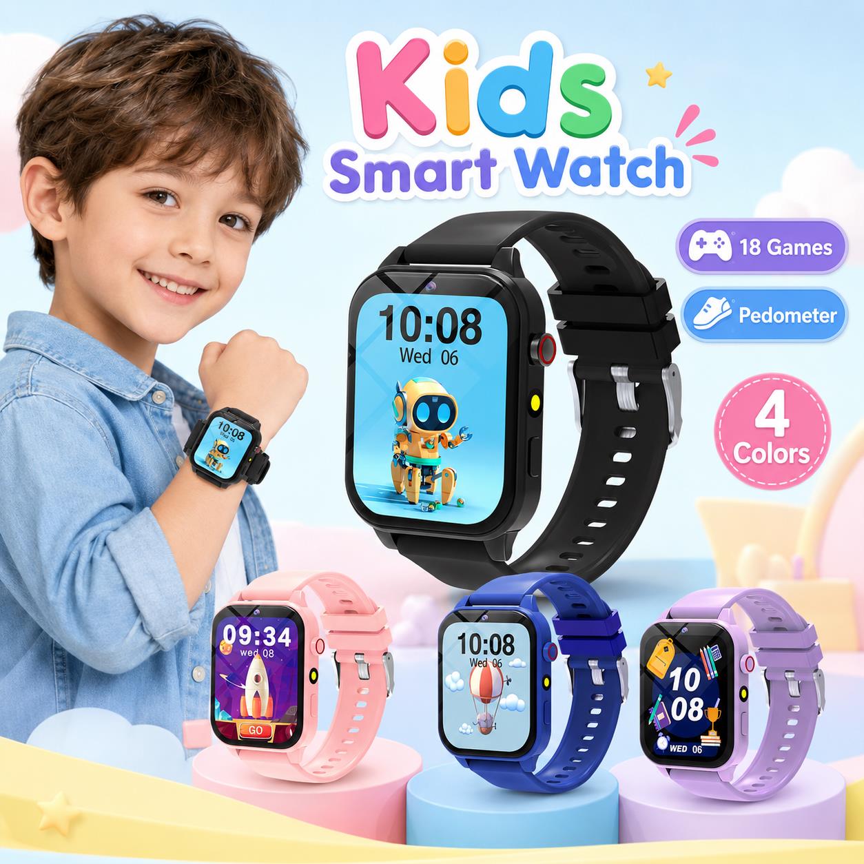Smartwatch Digital Watches For Boys - Montre connectée pour enfants, 18 jeux